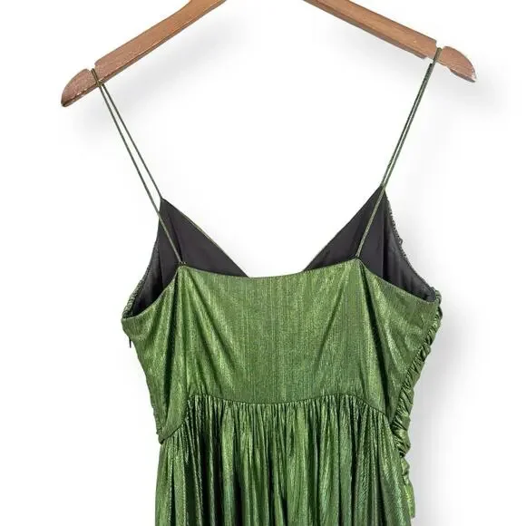 Retrofete Doss Maxi Dress Womens Small Gown Lime Green Lame V-Neck Ruched